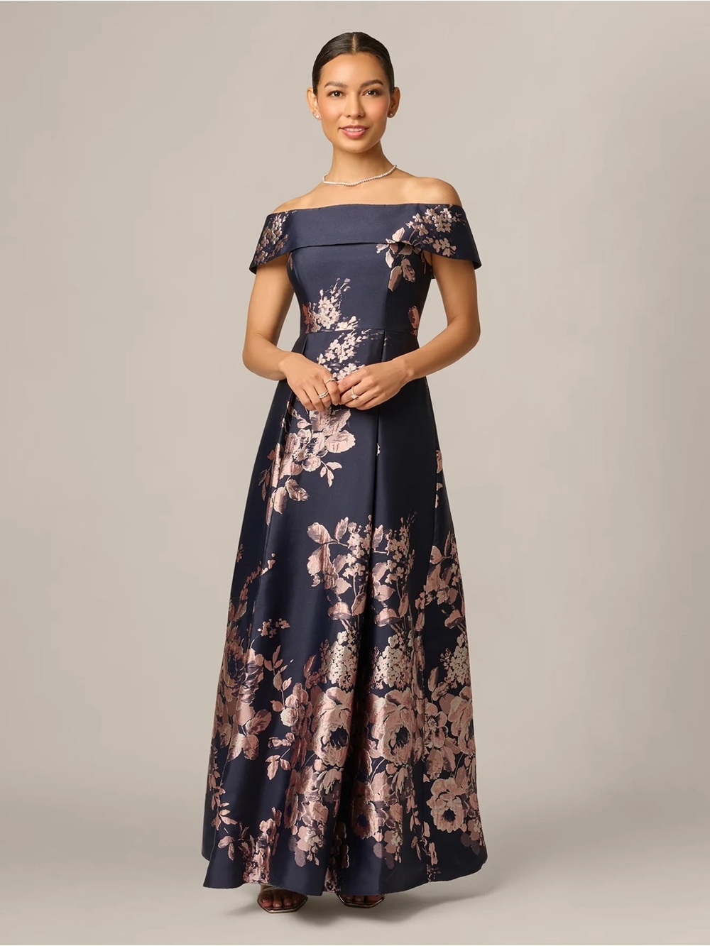 Adrianna Papell Navy Strapless Floral A-Line Gown with Rose Gold Accents